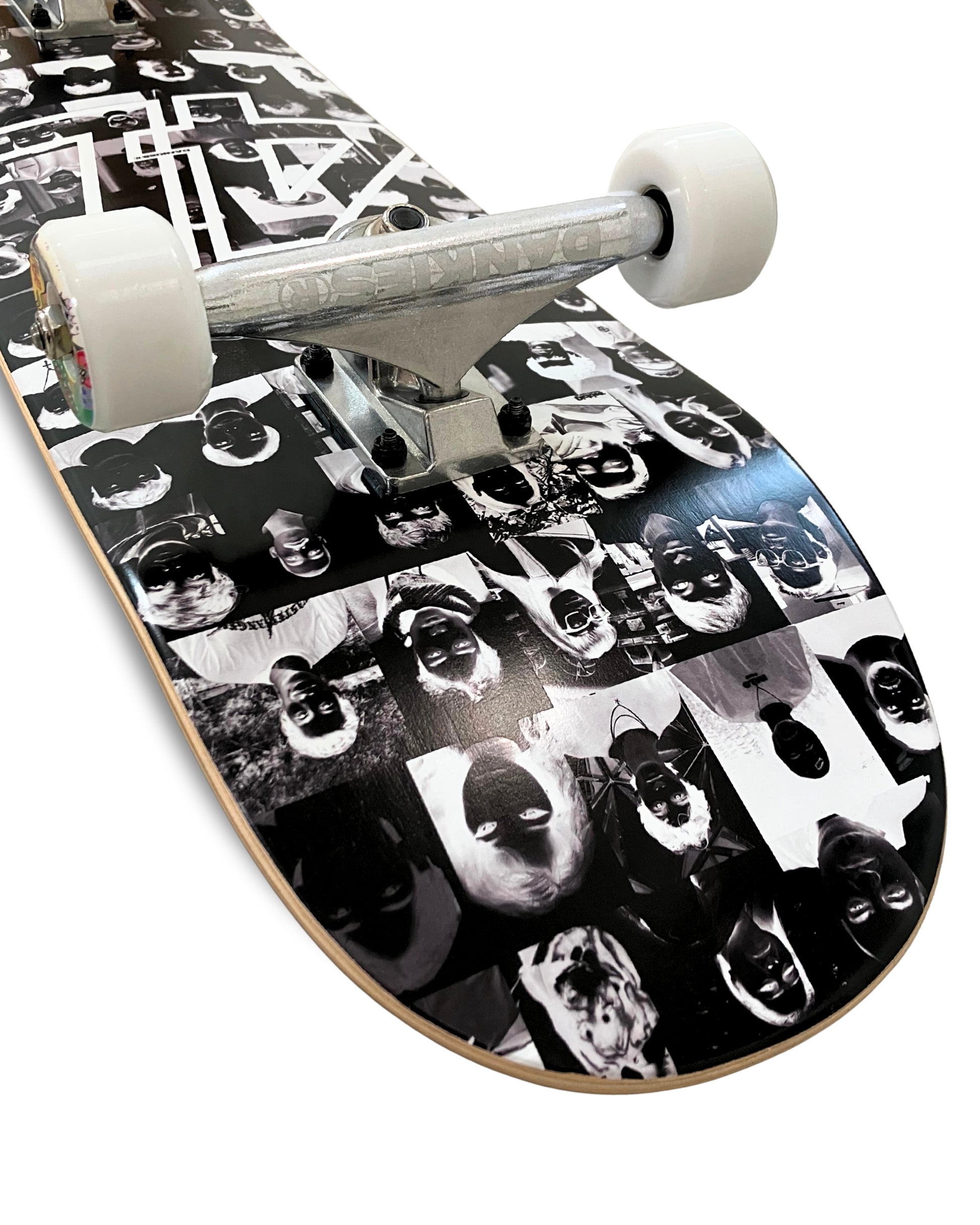Dankies Class of 25' (Negative) Complete Skateboard with black and white pattern on a white background - tilted angle from top