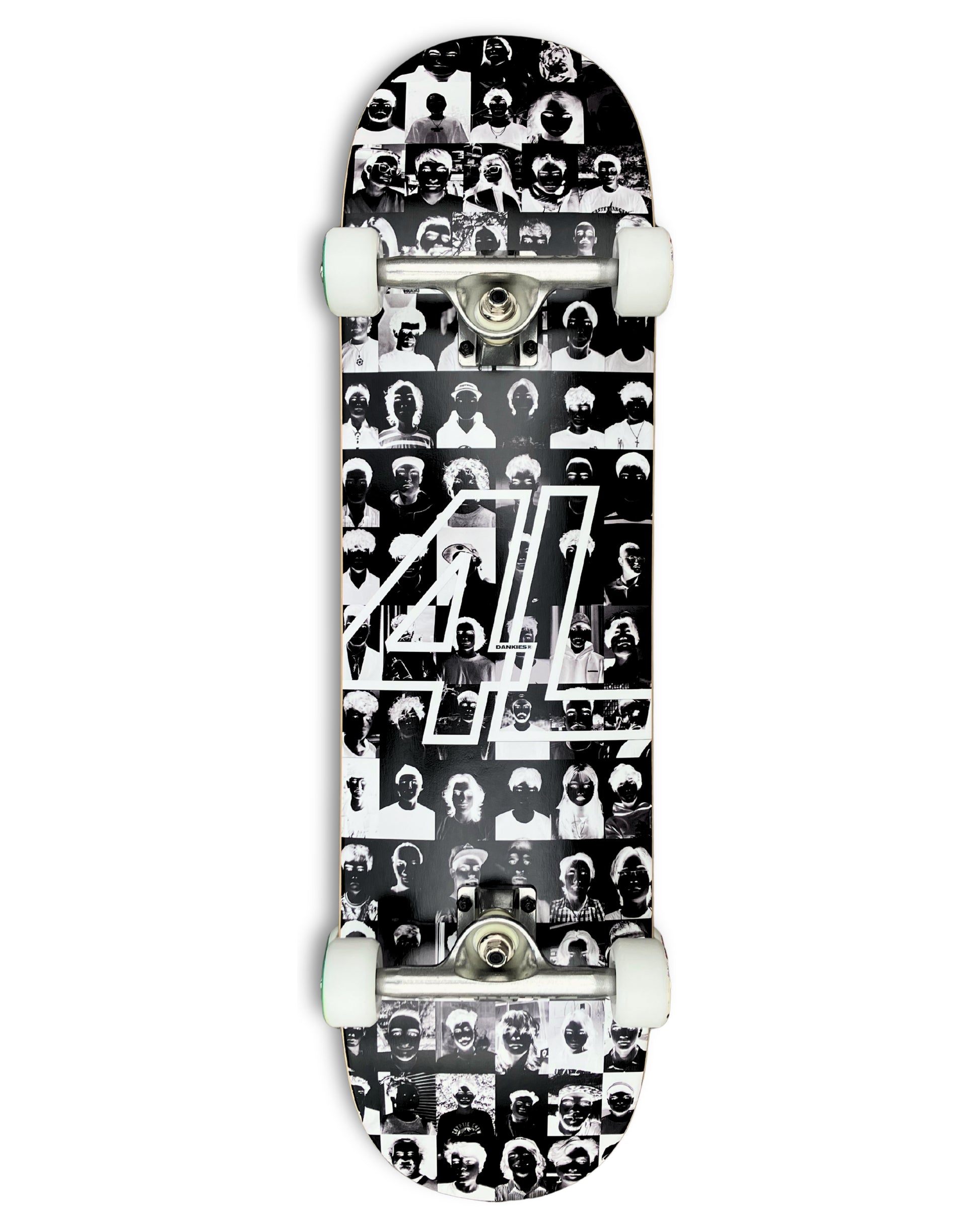 Dankies Class of 25' (Negative) Complete Skateboard with black and white pattern on a white background