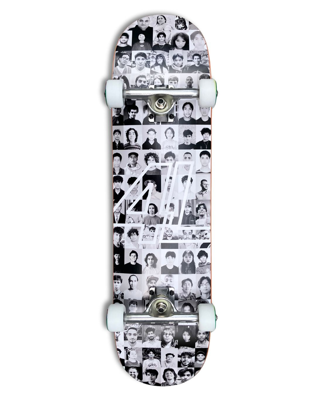 Dankies Class of 25' complete Skateboard with a collage of faces pattern on a white background
