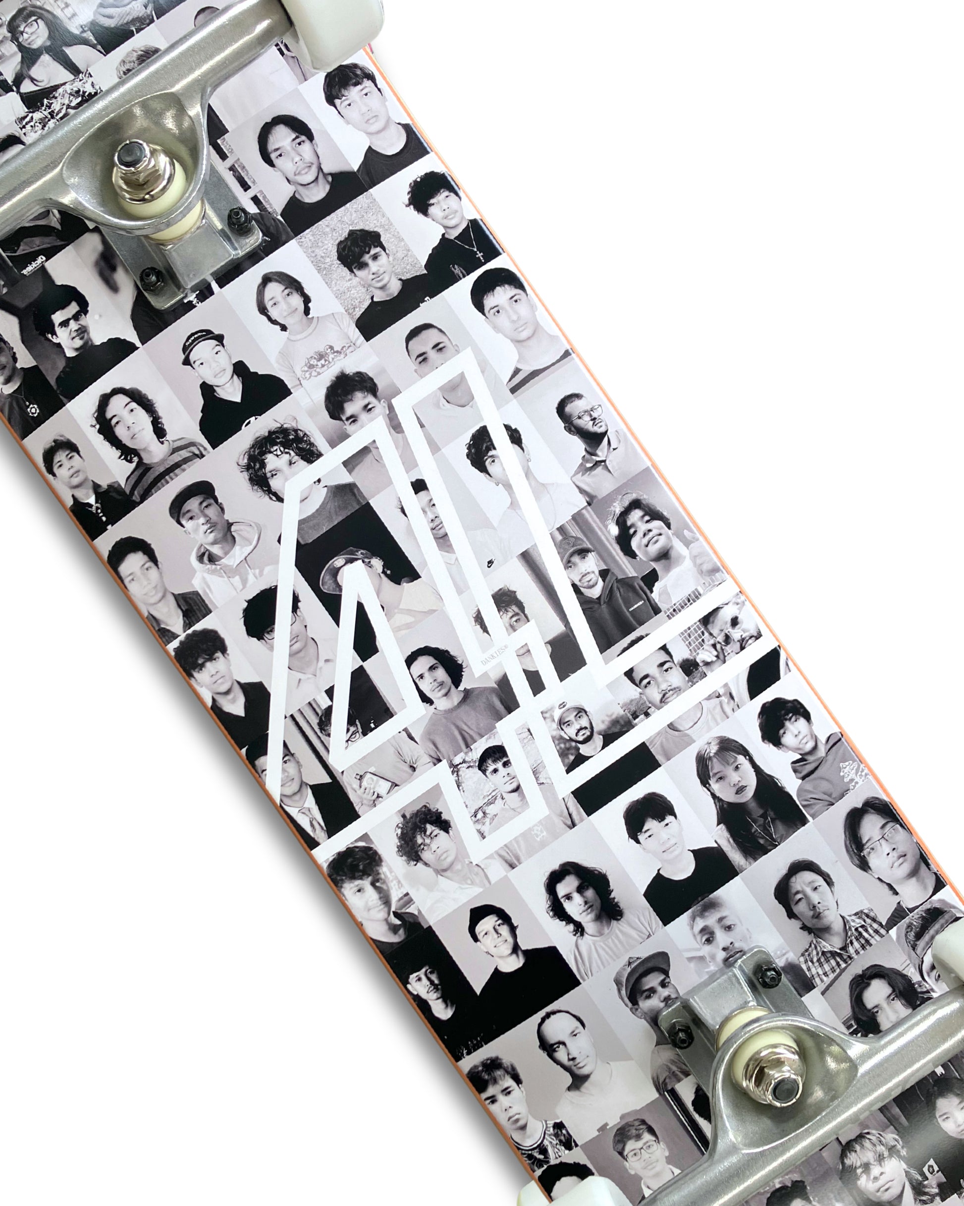 Dankies Class of 25' complete Skateboard with a collage of faces pattern on a white background - middle
