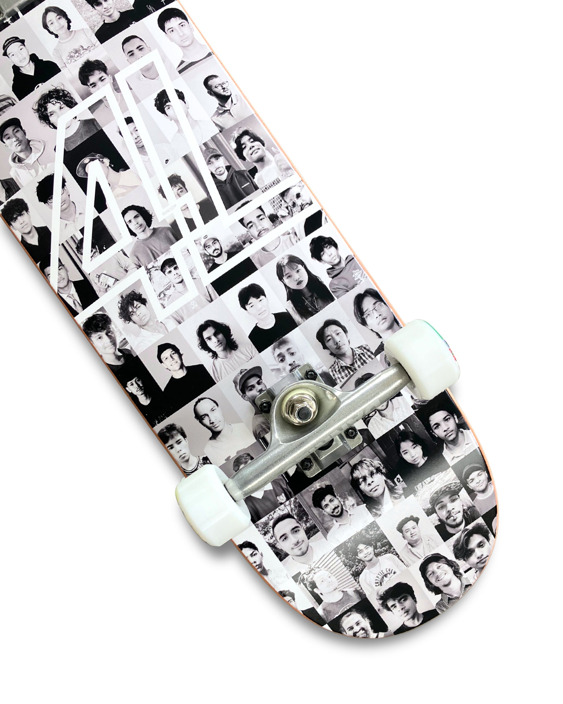 Dankies Class of 25' complete Skateboard with a collage of faces pattern on a white background - bottom