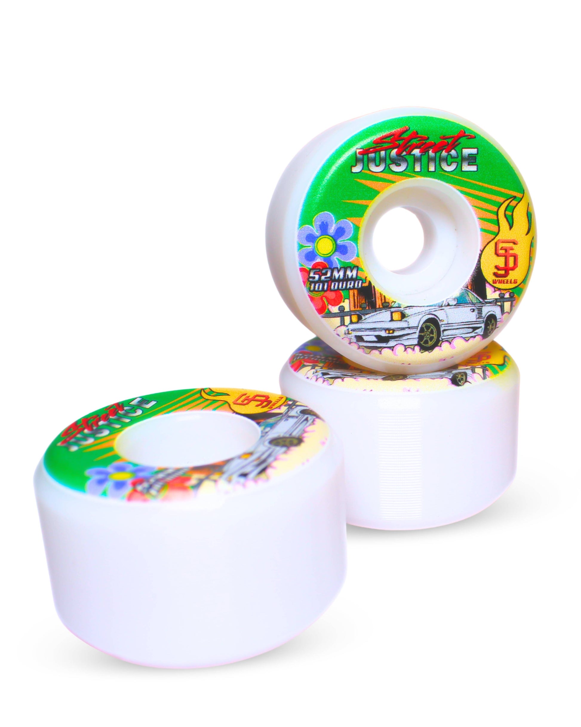 Street Justice skateboard wheel with car drift graphic in green, red, yellow, azure. - front and side