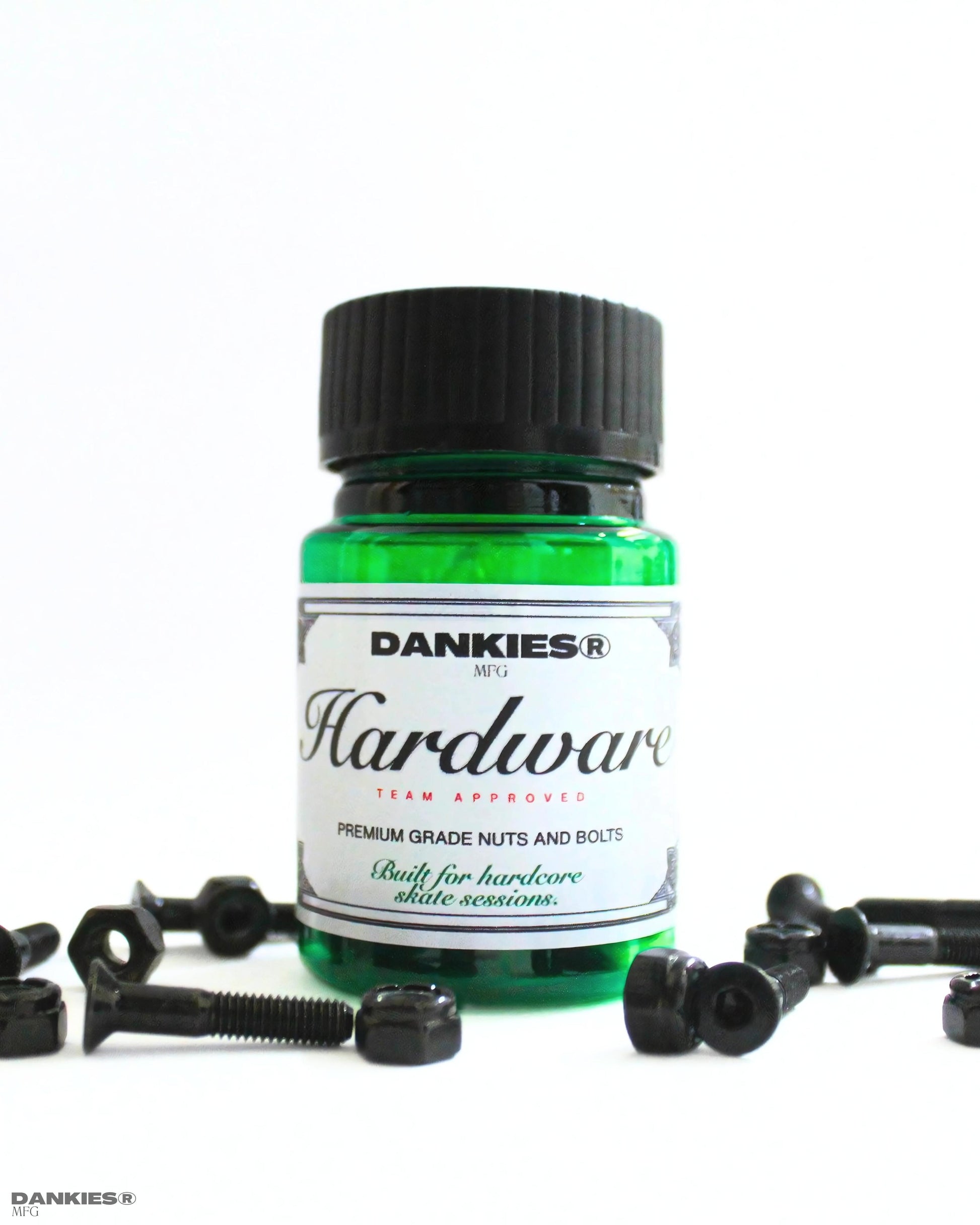 Dankies skateboard hardware bottle packaging and hardware on a white background