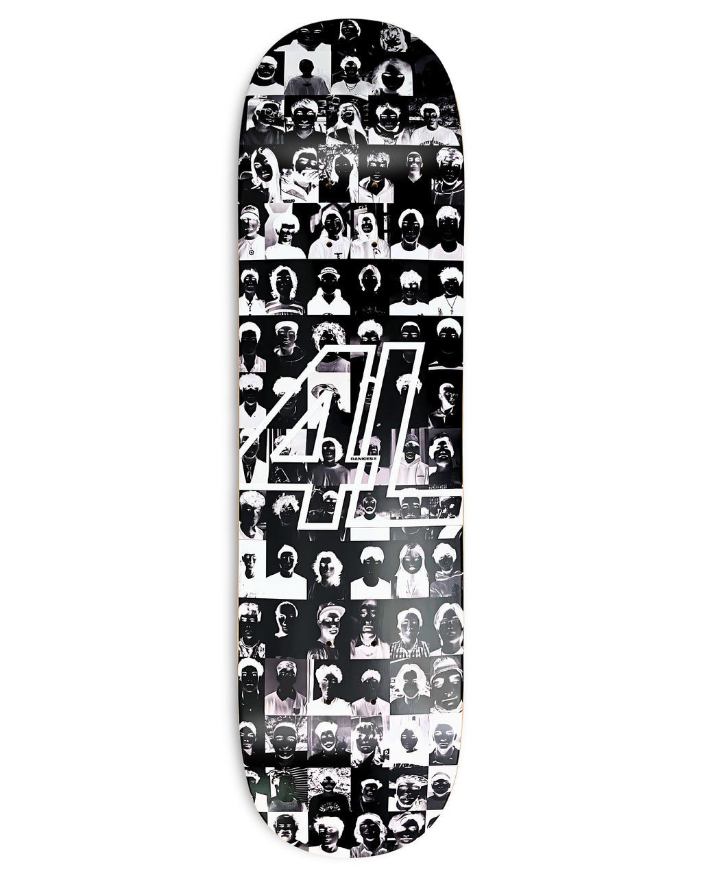 Dankies class of 25' (negative) Skateboard deck with black and white pattern and logo on a white background 