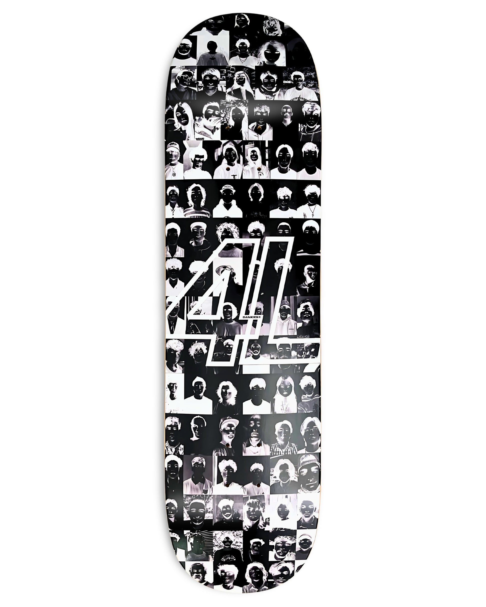 Dankies class of 25' (negative) Skateboard deck with black and white pattern and logo on a white background 