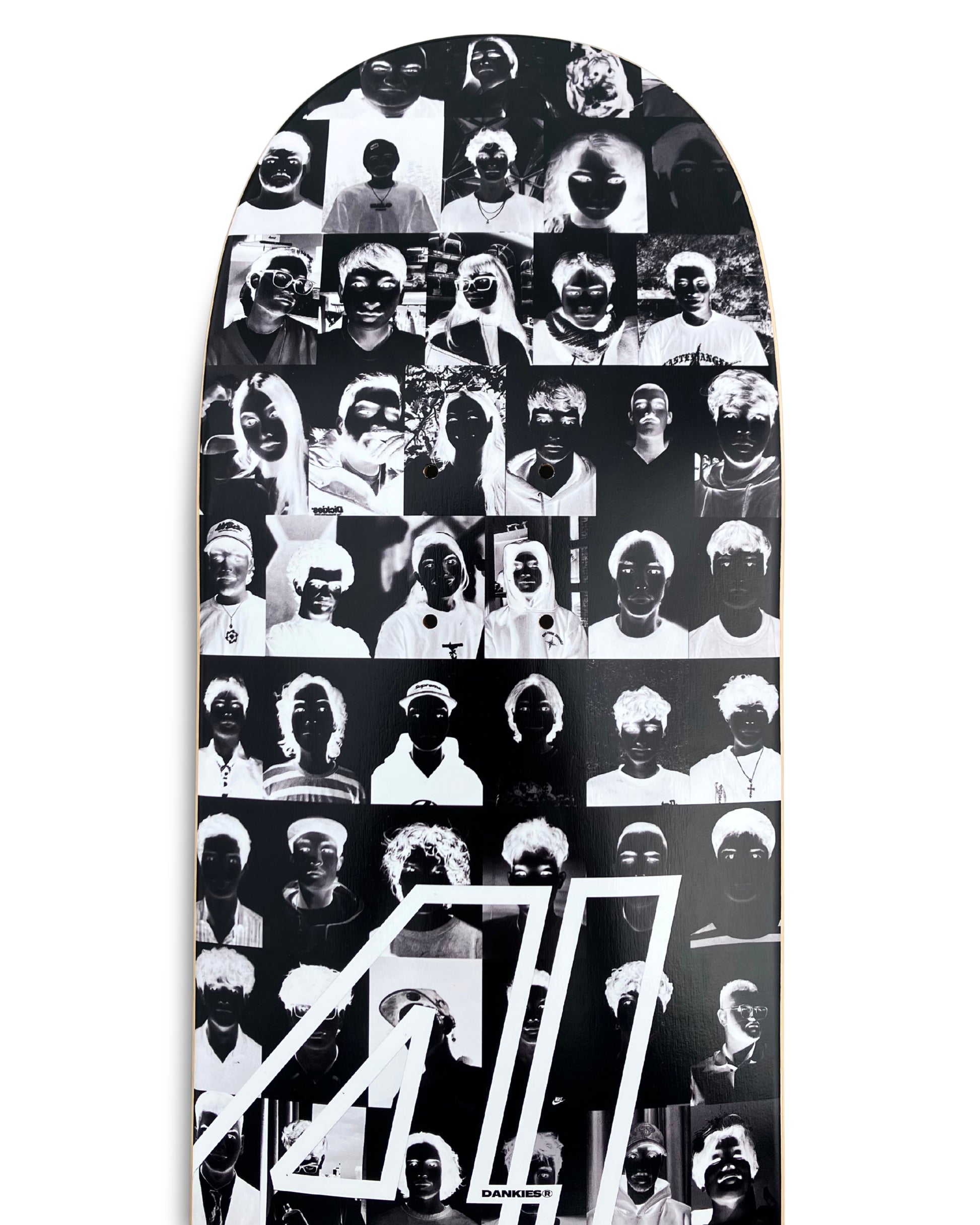 Dankies class of 25' (negative) Skateboard deck with black and white pattern and logo on a white background - top