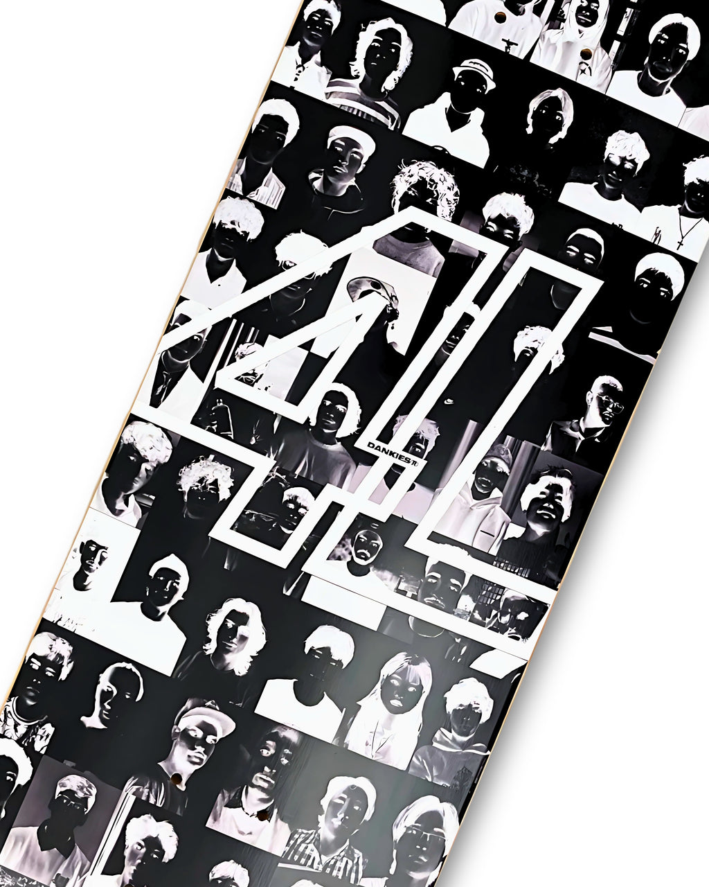 Dankies class of 25' (negative) Skateboard deck with black and white pattern and logo on a white background - middle