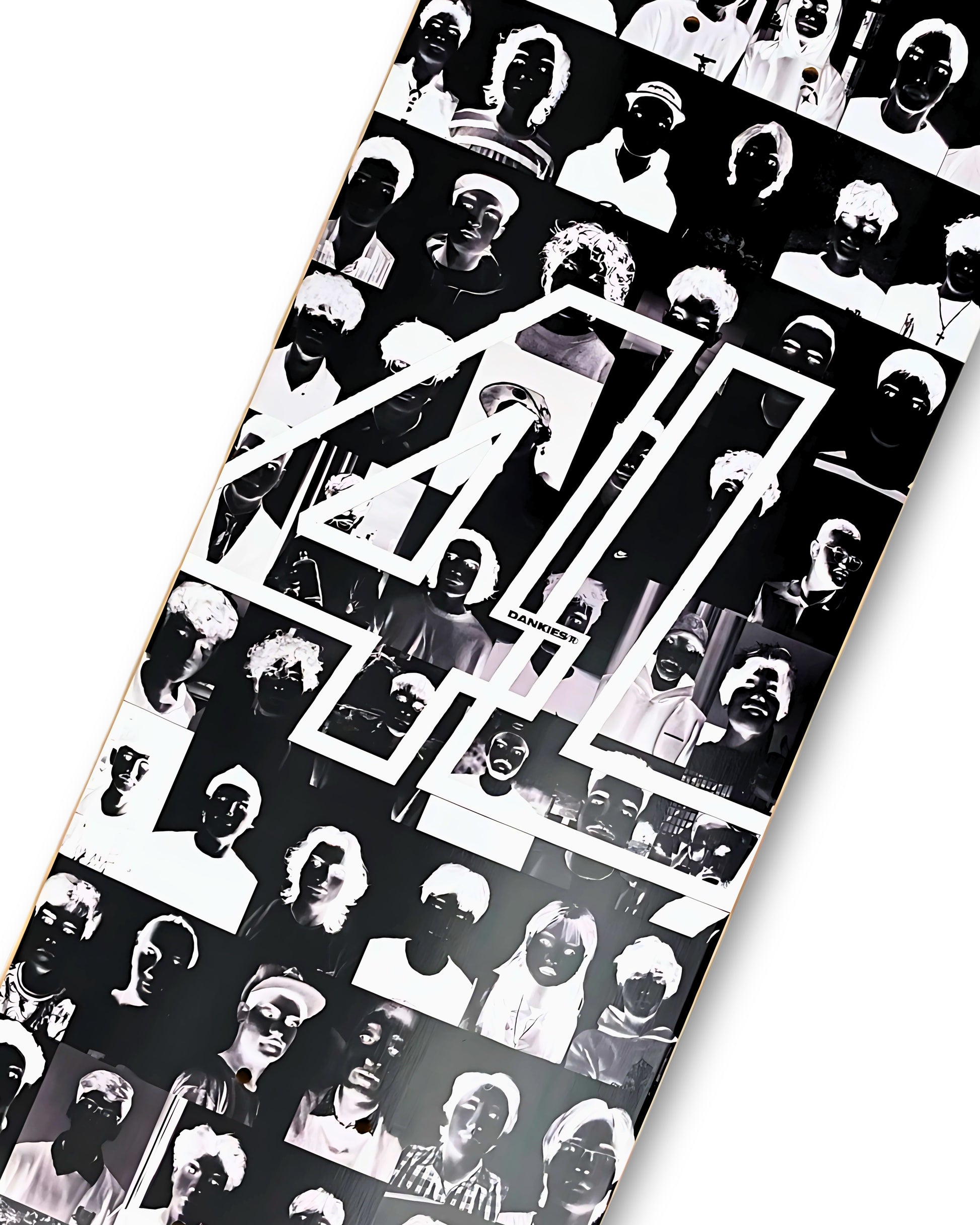 Dankies class of 25' (negative) Skateboard deck with black and white pattern and logo on a white background - middle