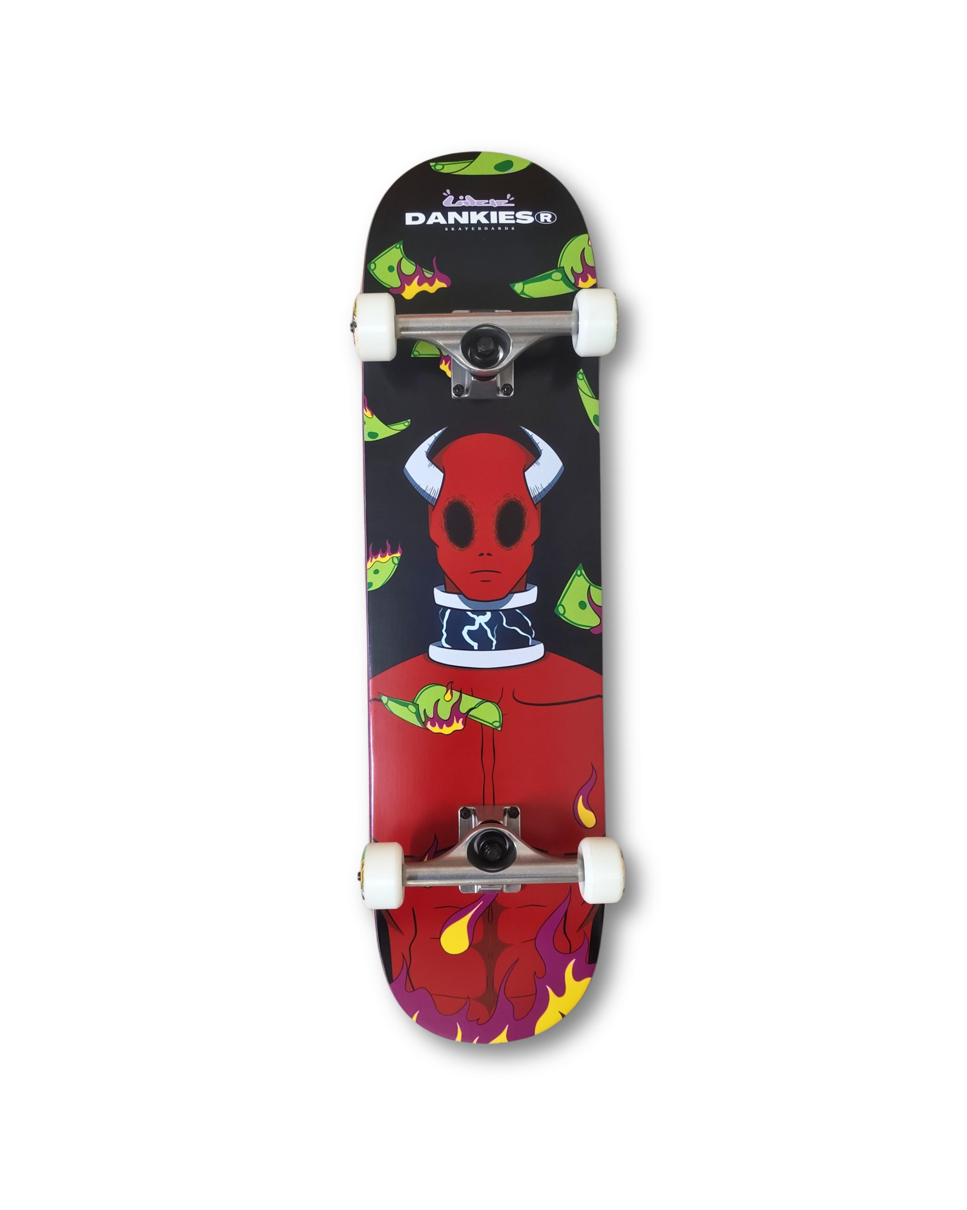 Dankies crimson complete skateboard with a character illustration on the deck, including red and black tones with yellow and green accents.
