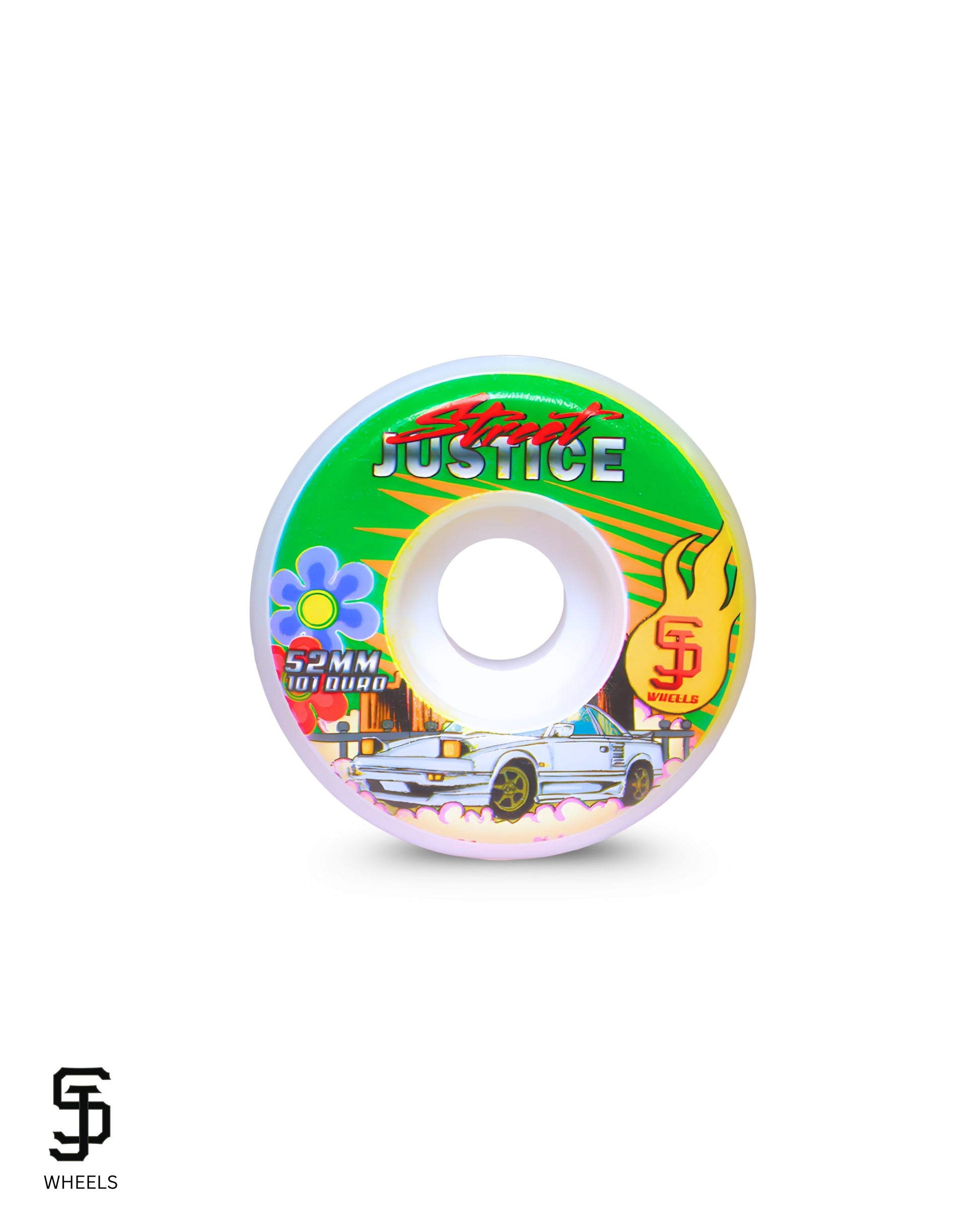 Street Justice skateboard wheel with car drift graphic in green, red, yellow, azure.