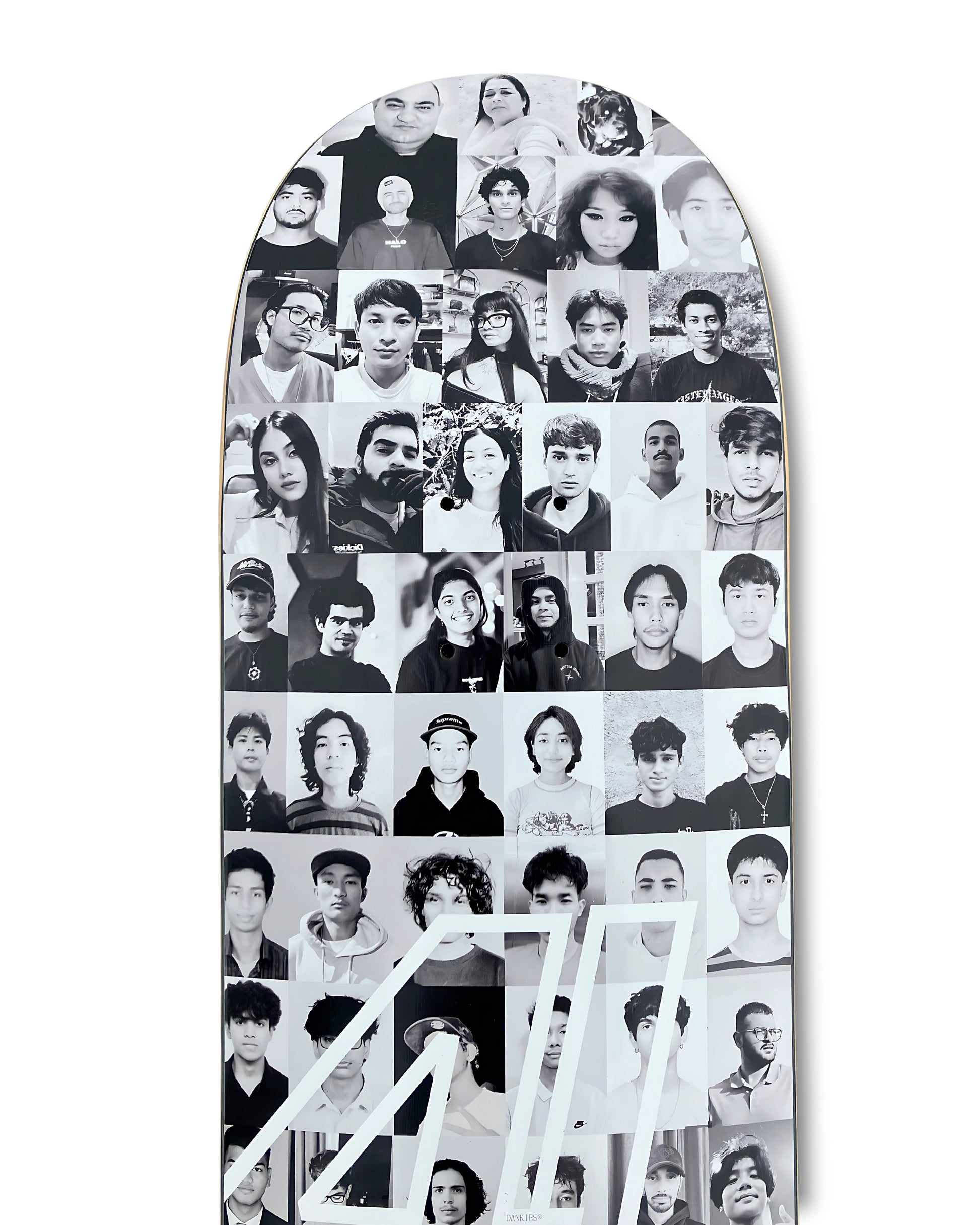 Dankies Class of 25' Skateboard deck with a collage of faces pattern on a white background - top