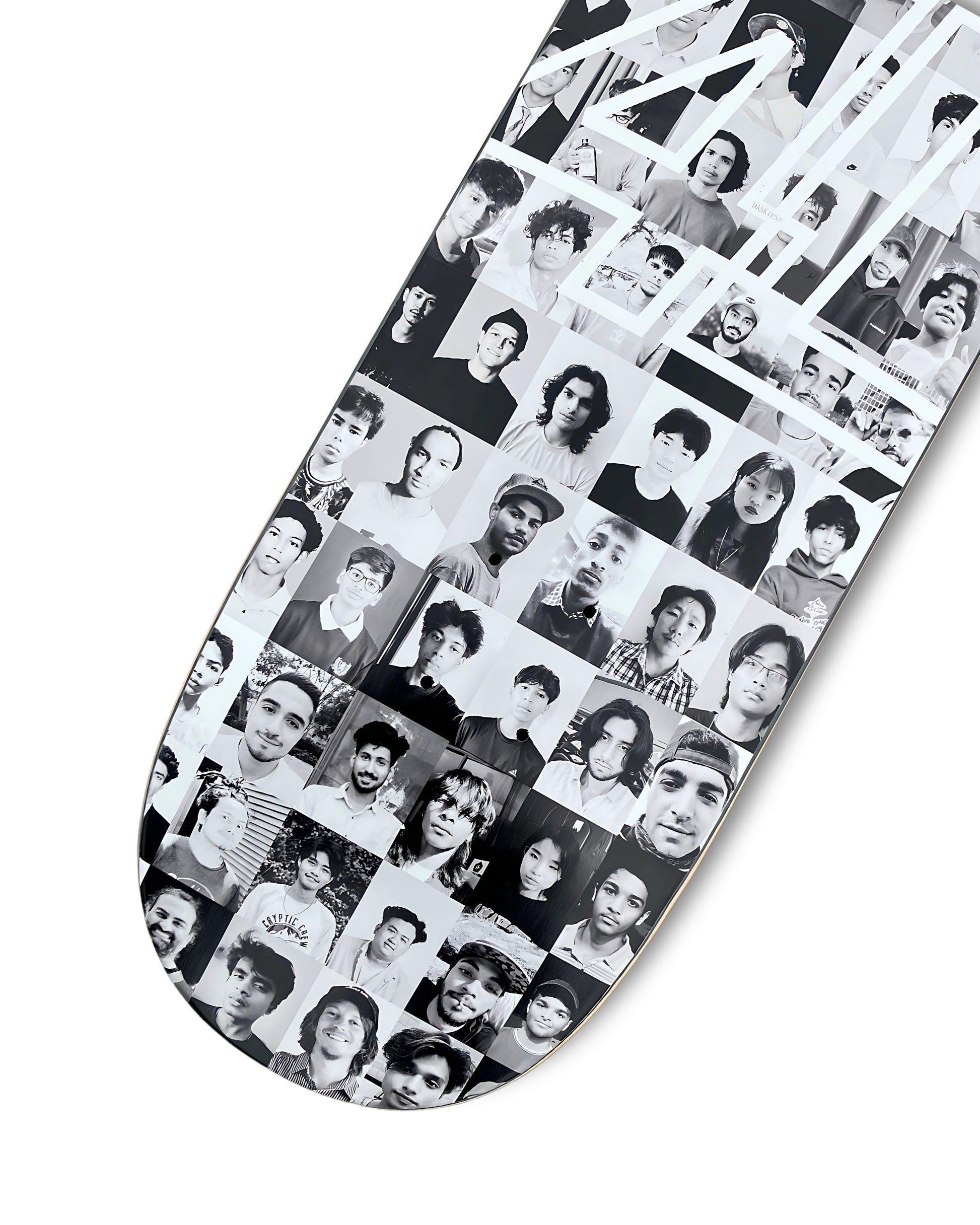 Dankies Class of 25' Skateboard deck with a collage of faces pattern on a white background - bottom