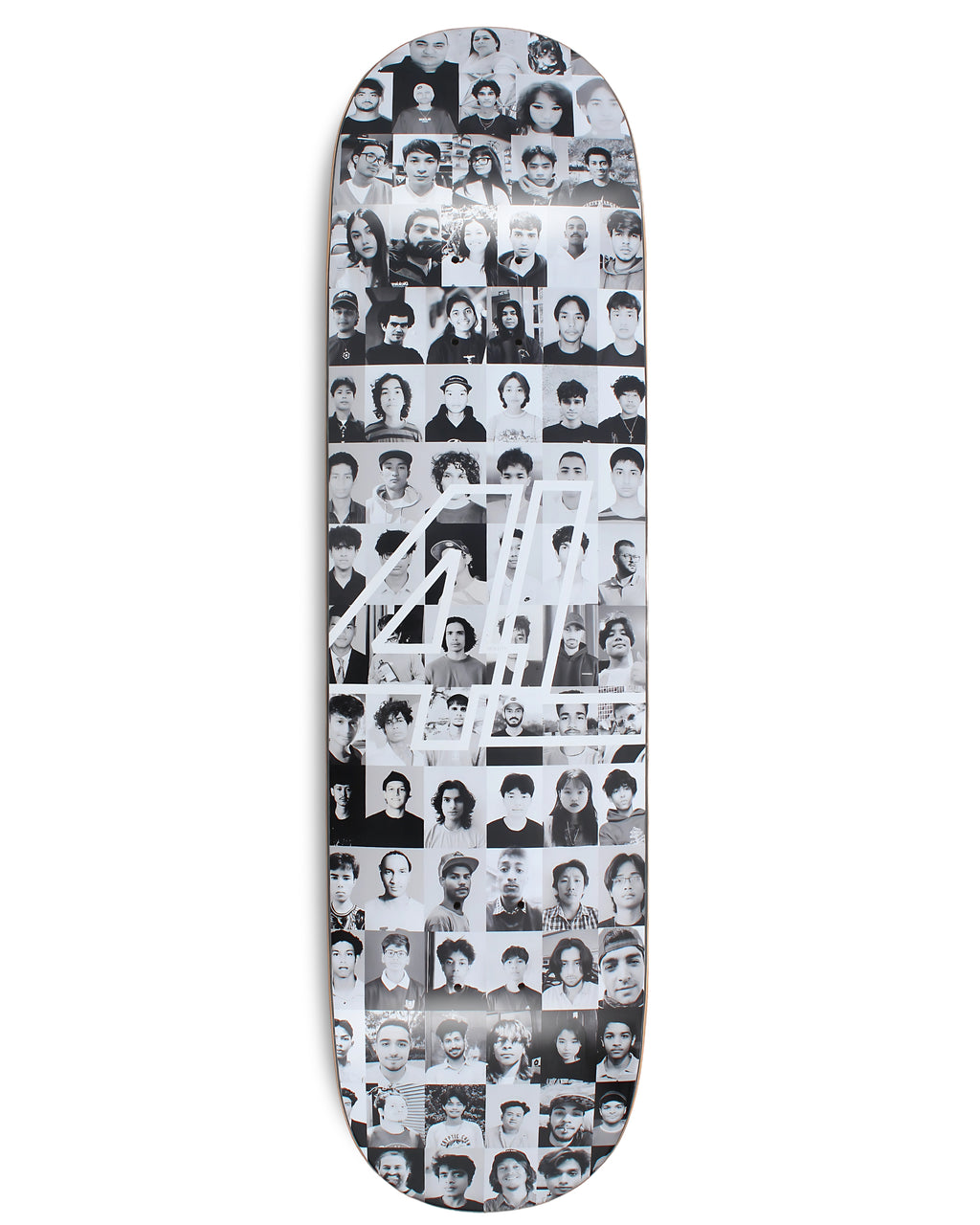 Dankies Class of 25' Skateboard deck with a collage of faces pattern on a white background
