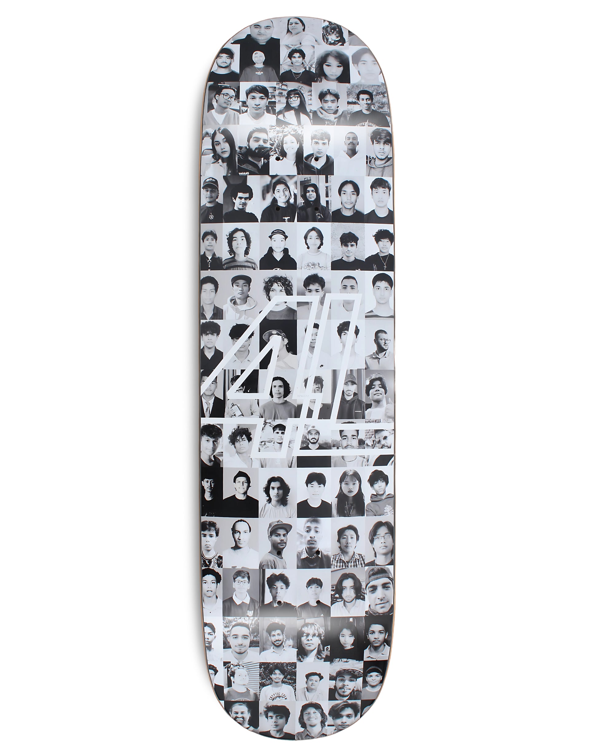 Dankies Class of 25' Skateboard deck with a collage of faces pattern on a white background