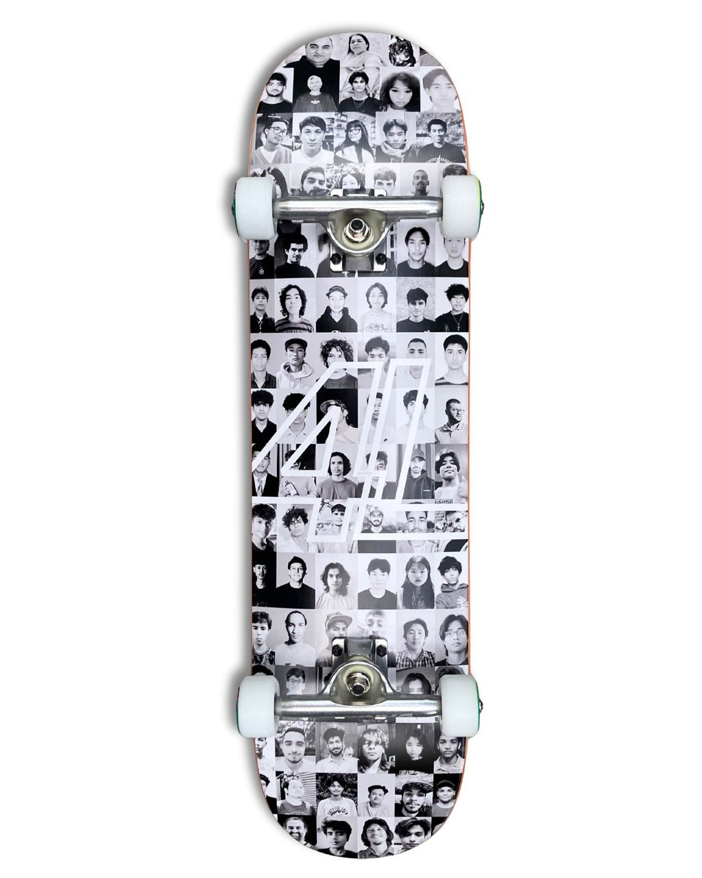 Dankies Class of 25' complete Skateboard with a collage of faces pattern on a white background
