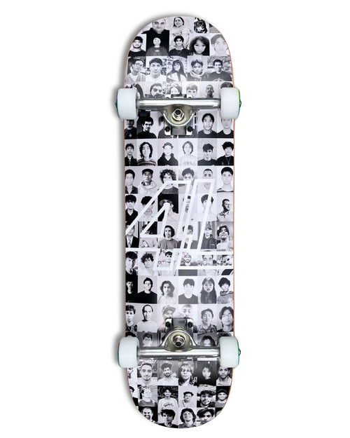 Dankies Class of 25' complete Skateboard with a collage of faces pattern on a white background
