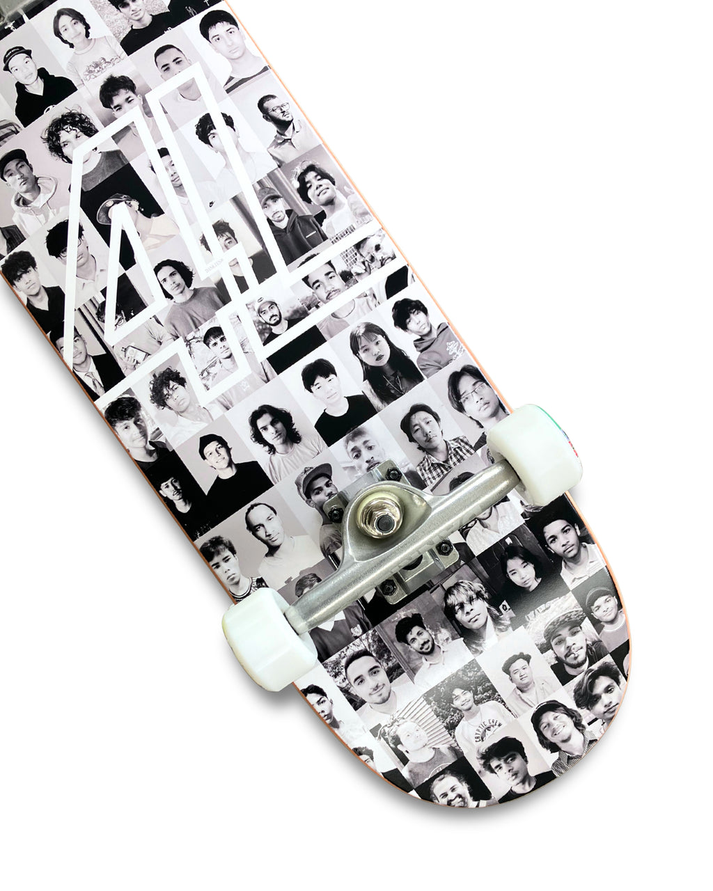Dankies Class of 25' complete Skateboard with a collage of faces pattern on a white background - bottom