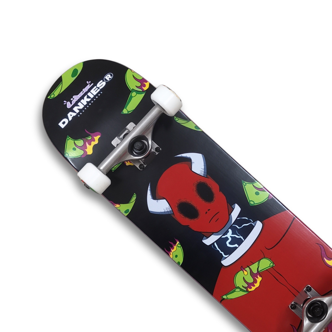 dankies crimson complete skateboard with a character illustration on the deck, including red and black tones with yellow and green accents. - top