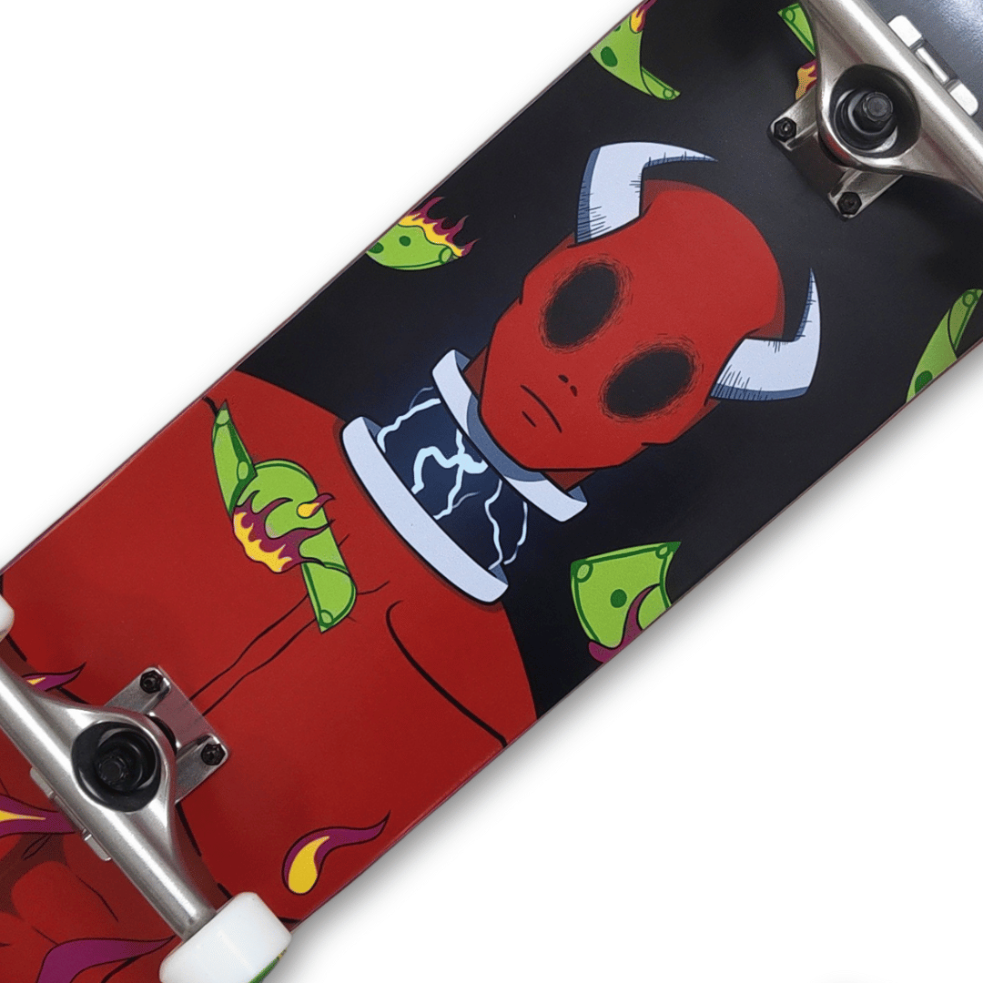 dankies crimson complete skateboard with a character illustration on the deck, including red and black tones with yellow and green accents. - middle