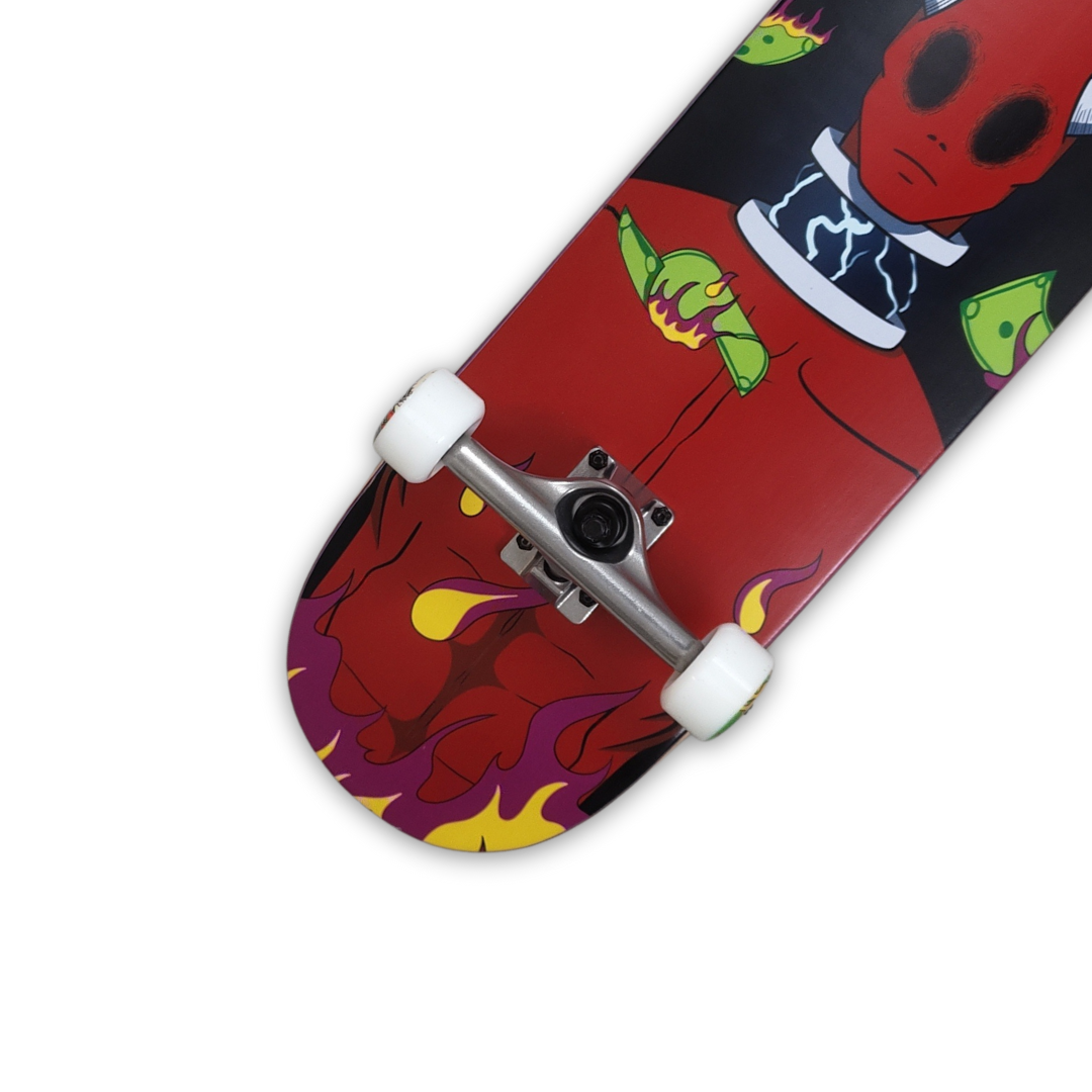 dankies crimson complete skateboard with a character illustration on the deck, including red and black tones with yellow and green accents. - bottom
